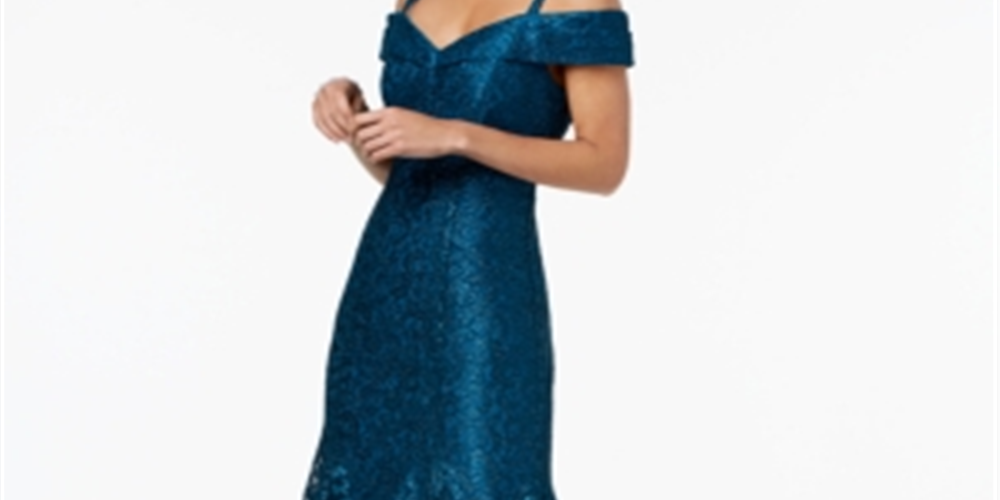Vestido sereia com renda floral e ombro de fora feminino R &amp; M Richards, azul pavão, tamanho 12 pequeno