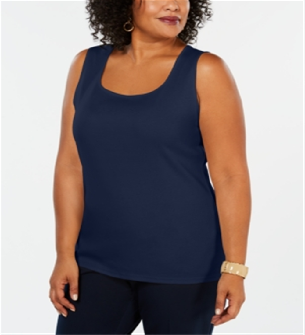 Regata feminina Karen Scott de algodão com gola quadrada, azul, tamanho 2X