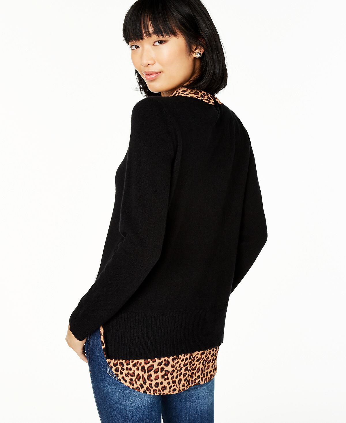 Suéter feminino Charter Club Pure Cashmere com estampa de chita e camadas, preto, tamanho pequeno P/M