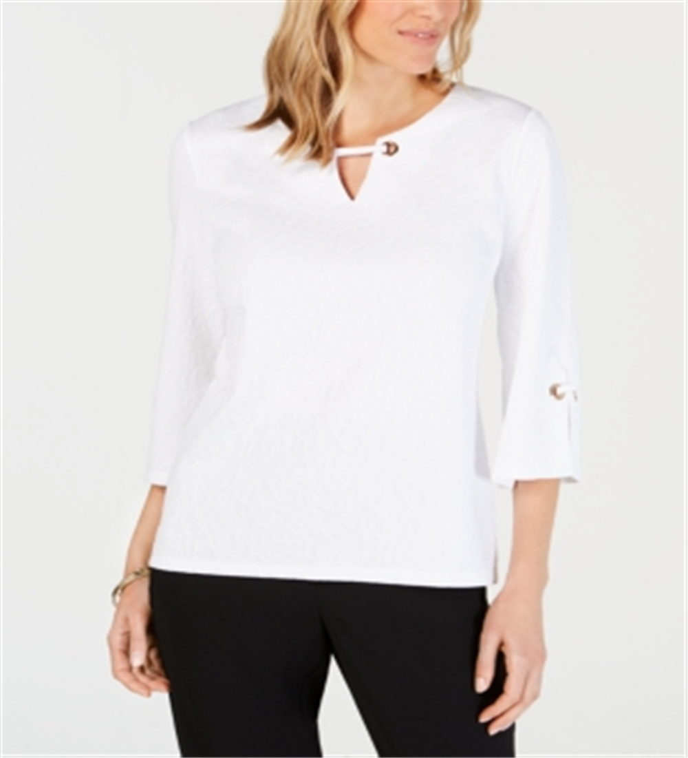 Top feminino com ilhós texturizados e decote em V, tamanho XS, branco, da coleção JM