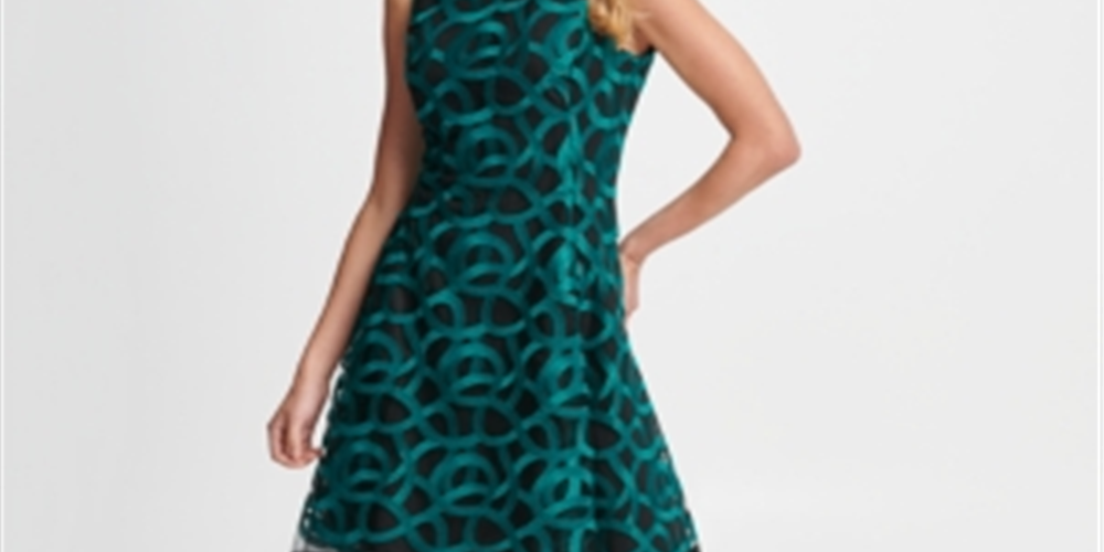 Vestido flare feminino DKNY com ajuste de malha bordada, verde, tamanho 10