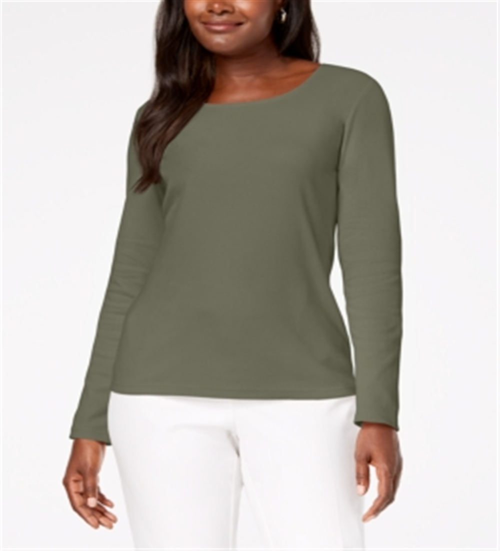 Karen Scott Blusa Feminina de Algodão com Decote Redondo Verde Tamanho Pequeno Médio