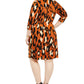 MSK Vestido de festa feminino com estampa animal, manga 3/4, decote redondo, comprimento até o joelho, laranja, tamanho 2X