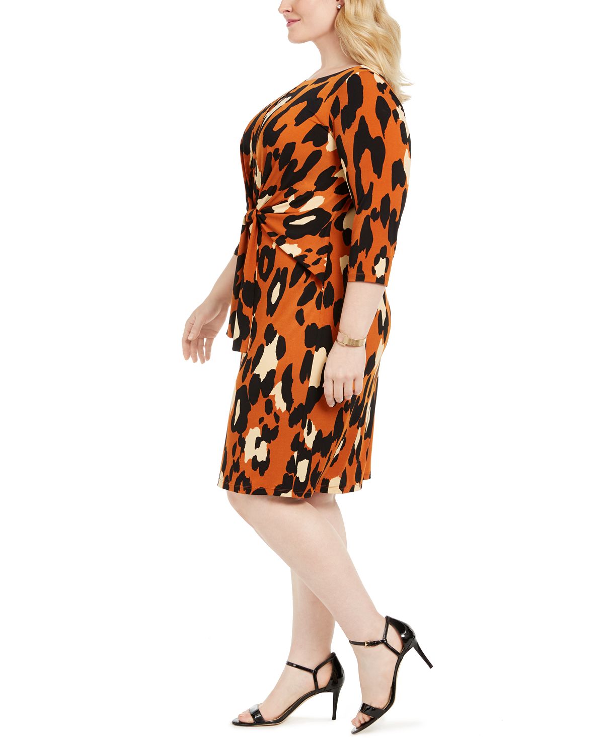 MSK Vestido de festa feminino com estampa animal, manga 3/4, decote redondo, comprimento até o joelho, laranja, tamanho 2X