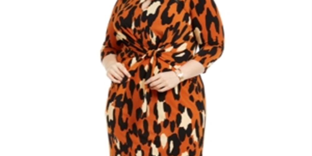 MSK Vestido de festa feminino com estampa animal, manga 3/4, decote redondo, comprimento até o joelho, laranja, tamanho 2X