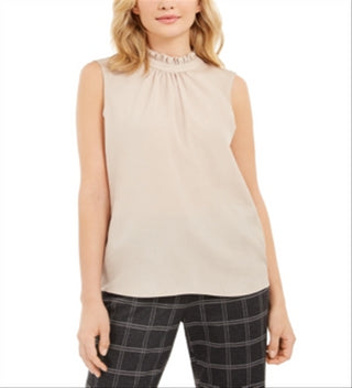 Blusa feminina Calvin Klein sem mangas com babados e gola alta, bege, tamanho M