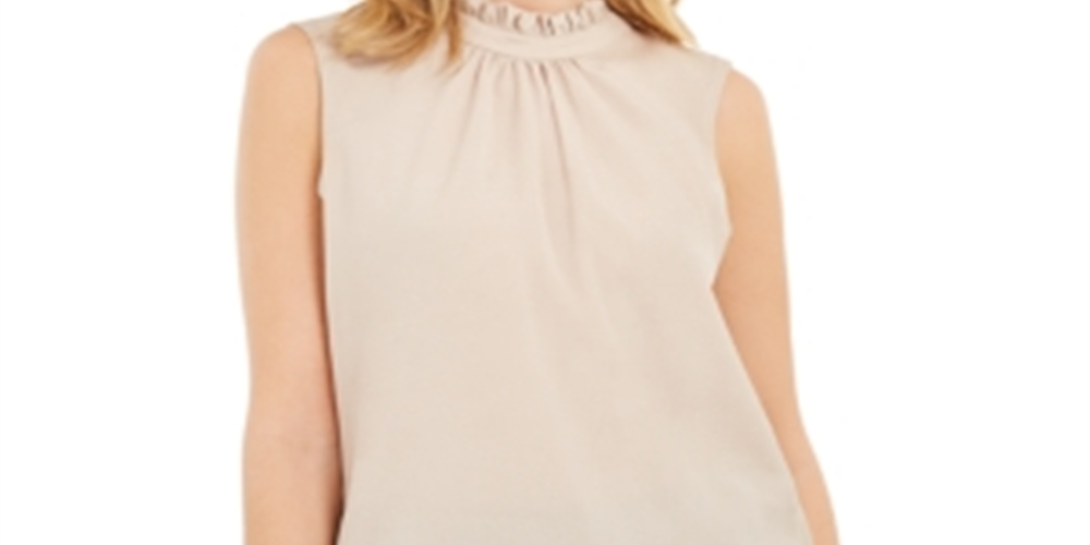 Blusa feminina Calvin Klein sem mangas com babados e gola alta, bege, tamanho M