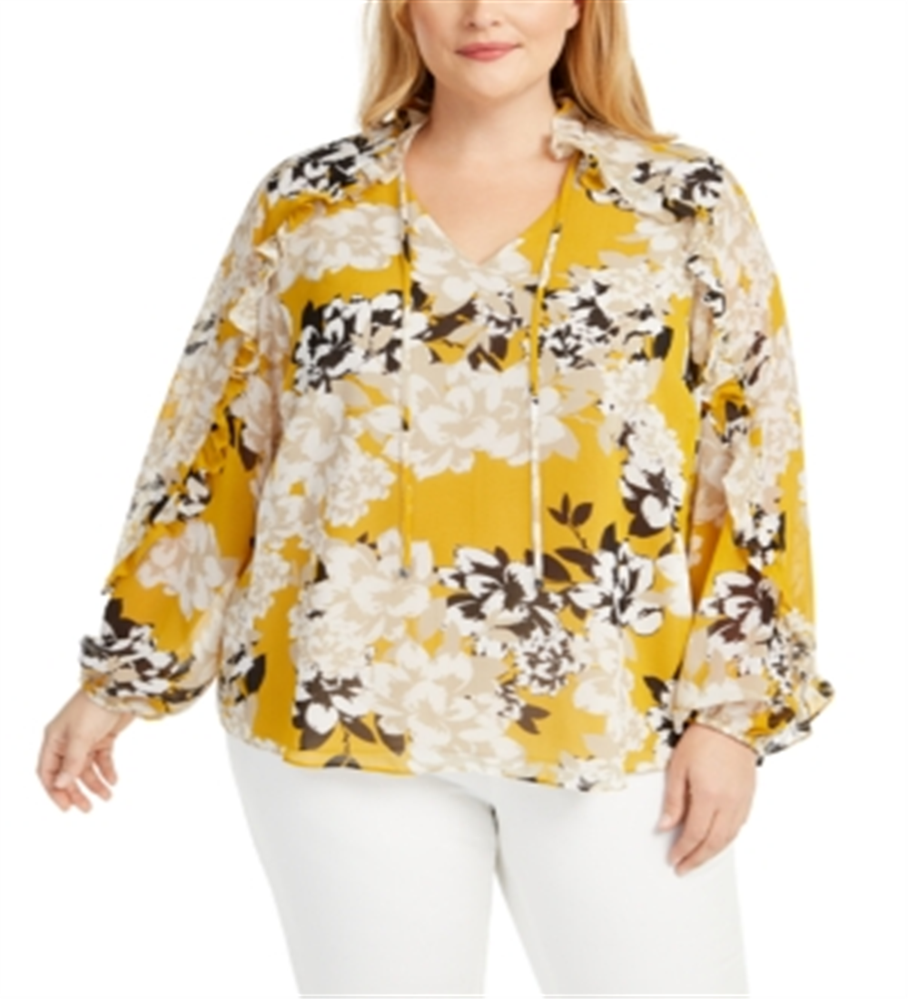 Blusa Calvin Klein Plus Size Feminina com Estampa Floral e Babados, Amarela, Tamanho 1X