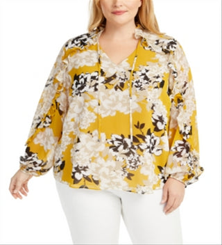 Blusa Calvin Klein Plus Size Feminina com Estampa Floral e Babados, Amarela, Tamanho 1X