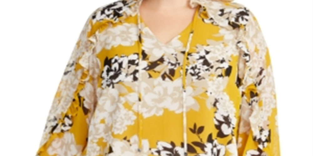 Blusa Calvin Klein Plus Size Feminina com Estampa Floral e Babados, Amarela, Tamanho 1X