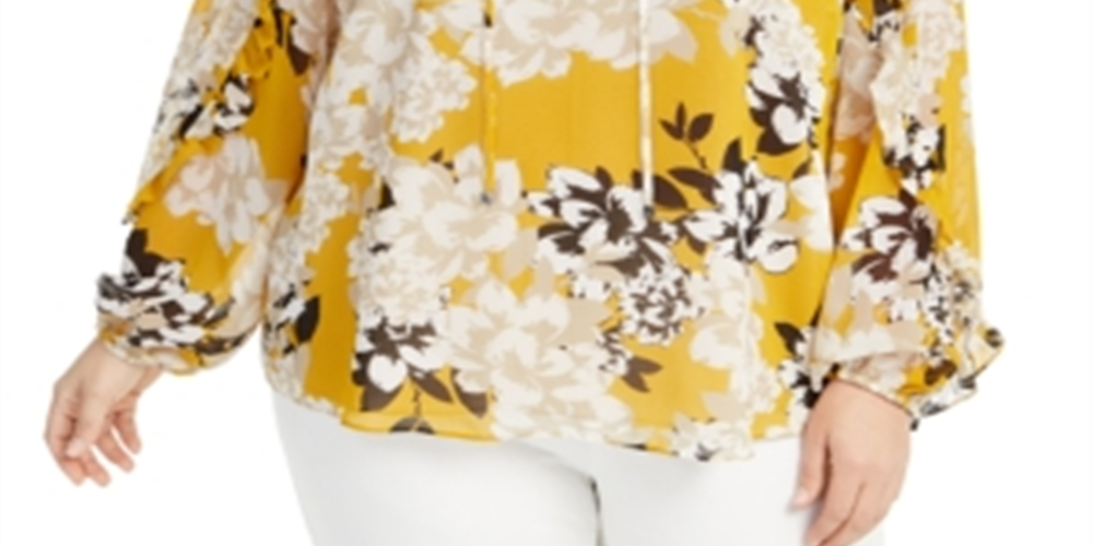 Blusa Calvin Klein Plus Size Feminina com Estampa Floral e Babados, Amarela, Tamanho 1X