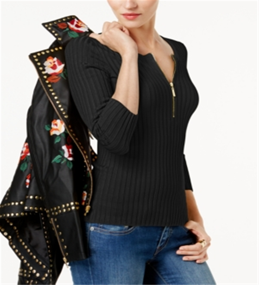 Suéter feminino com zíper frontal da INC International Concepts, preto, tamanho G