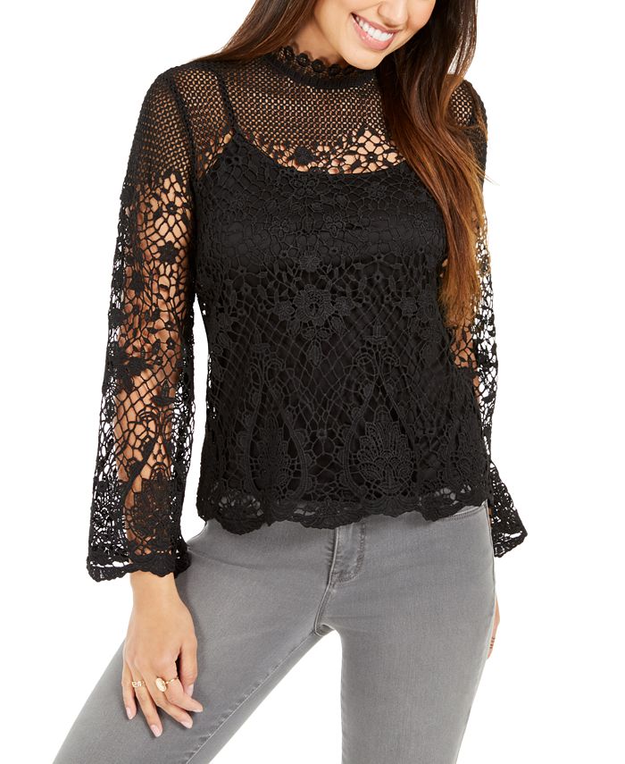 Blusa de renda com manga sino Style &amp; Co, preta, tamanho grande