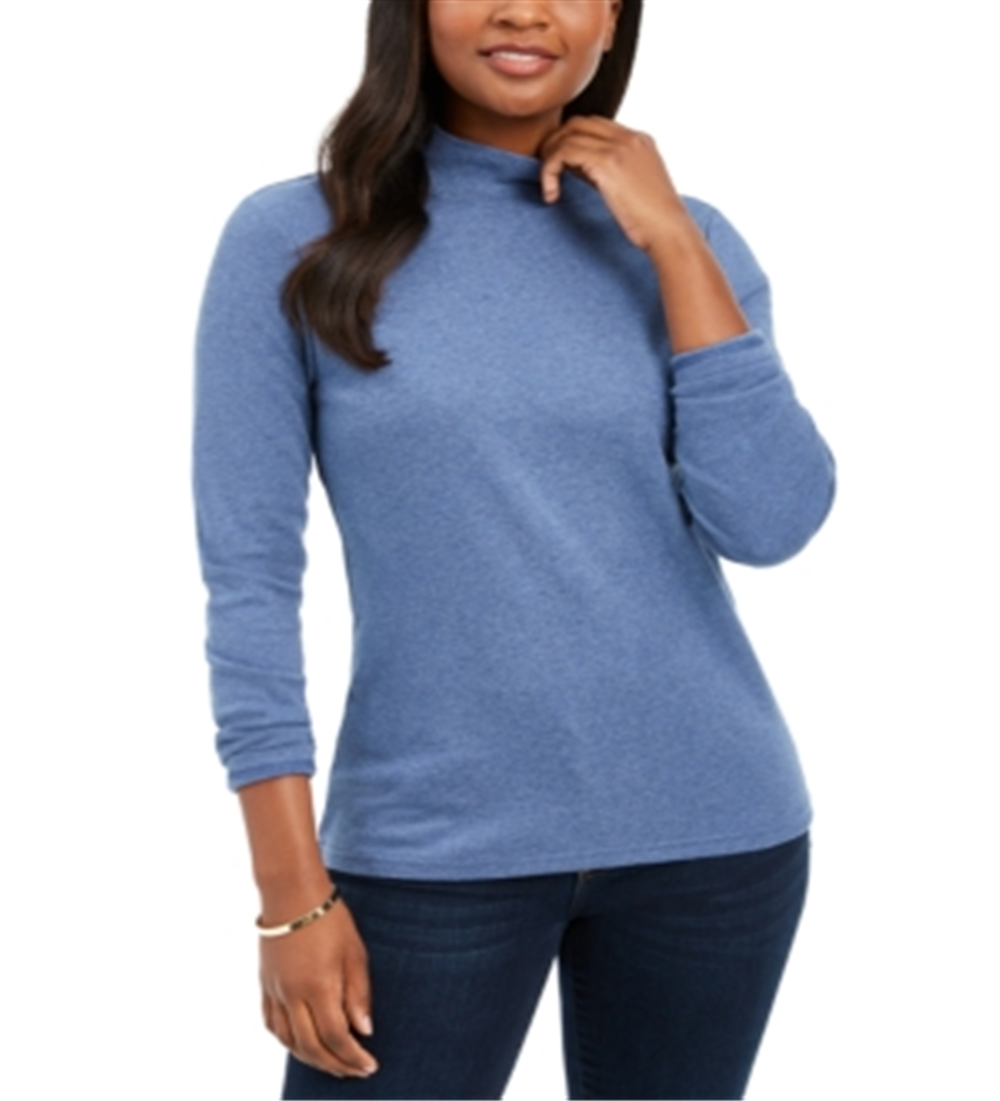 Karen Scott Blusa de algodão com gola alta e manga comprida feminina, azul, tamanho pequeno GG
