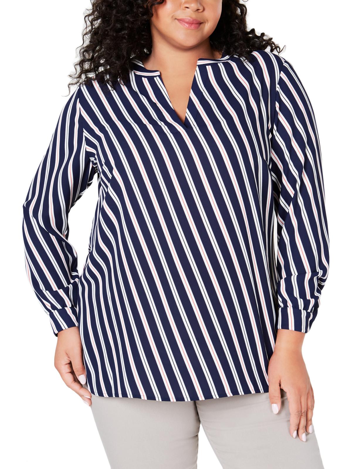 Blusa feminina listrada de manga comprida e decote em V Anne Klein, azul, tamanho 1X