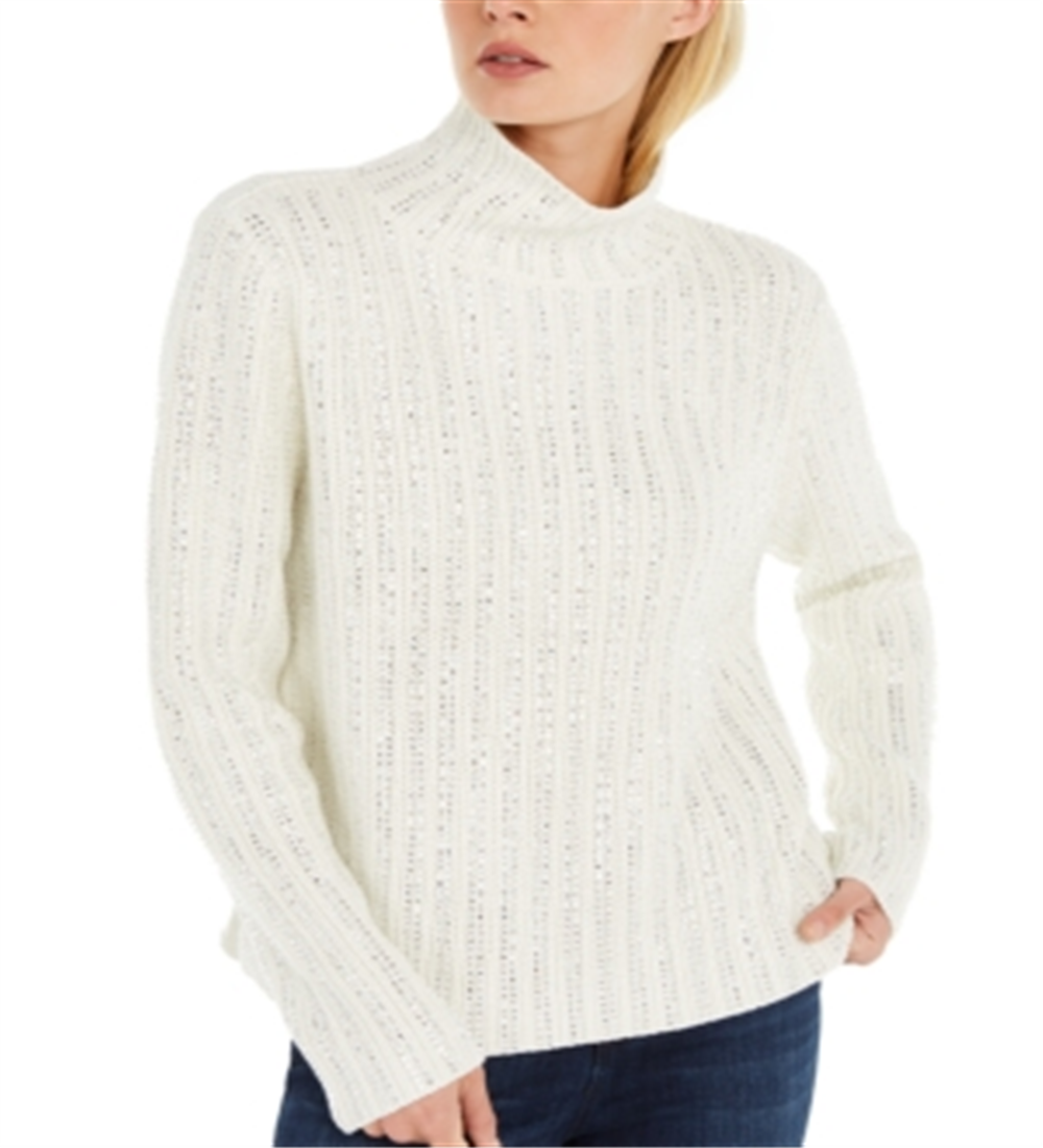 Suéter feminino de gola alta com detalhes INC International Concepts, branco, tamanho P