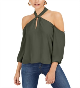 Blusa feminina Bar III com decote em V e ombros descobertos, verde, tamanho XX-G