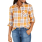 Camisa xadrez feminina Tommy Hilfiger com mangas dobradas, amarela, tamanho médio