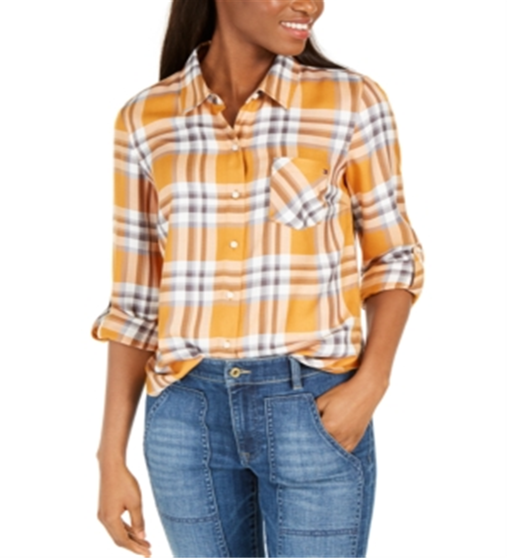 Camisa xadrez feminina Tommy Hilfiger com mangas dobradas, amarela, tamanho médio