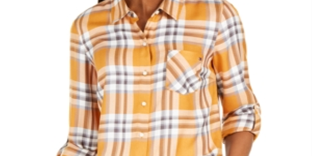 Camisa xadrez feminina Tommy Hilfiger com mangas dobradas, amarela, tamanho médio