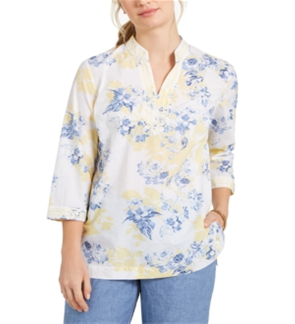 Túnica feminina Charter Club de algodão com bordado e estampa de voile, tamanho pequeno, amarela