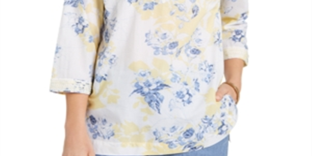 Túnica feminina Charter Club de algodão com bordado e estampa de voile, tamanho pequeno, amarela