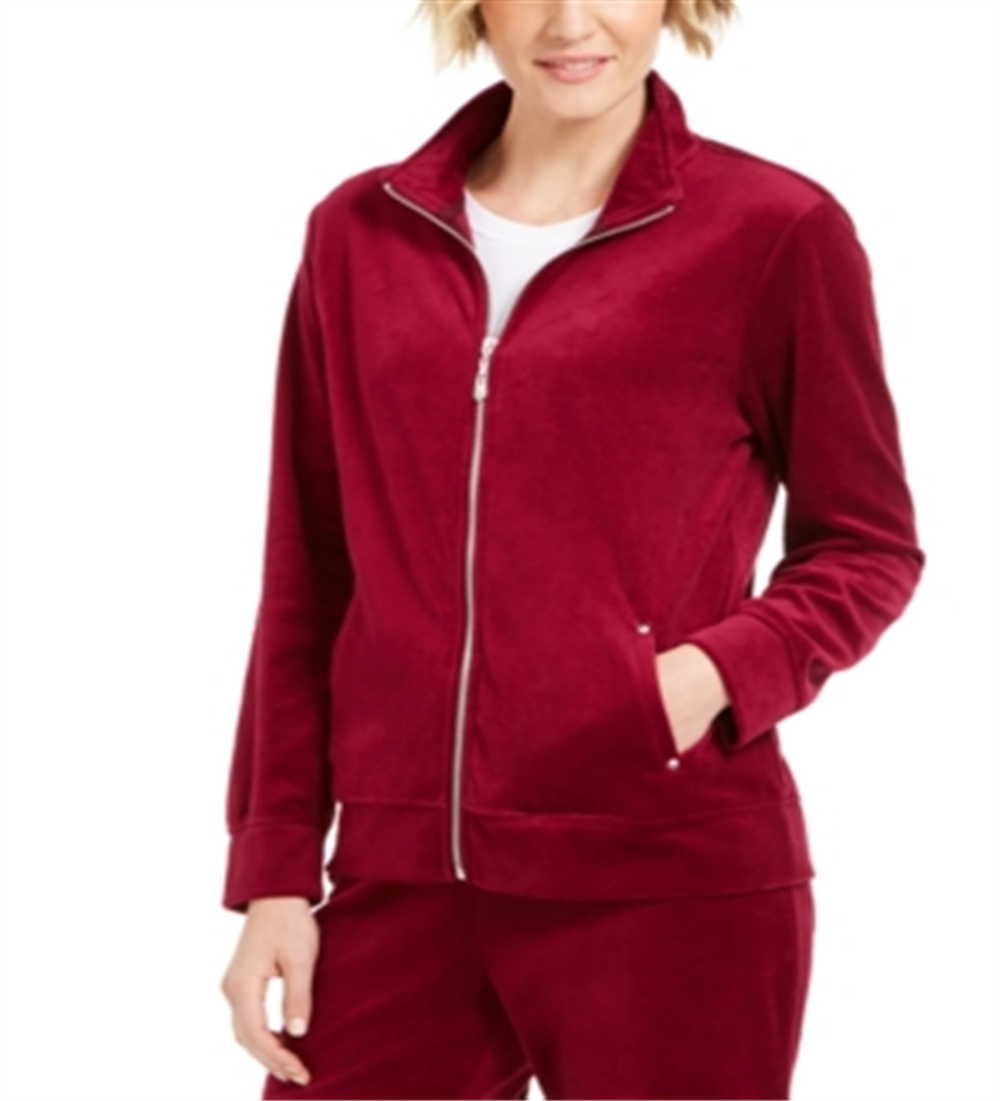 Jaqueta esportiva feminina Karen Scott com zíper e veludo vermelho, tamanho pequeno