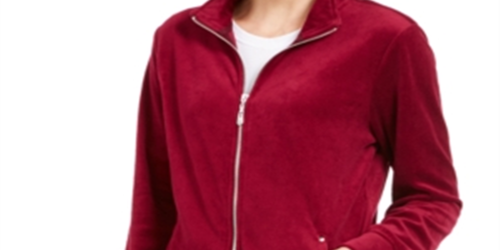 Jaqueta esportiva feminina Karen Scott com zíper e veludo vermelho, tamanho pequeno