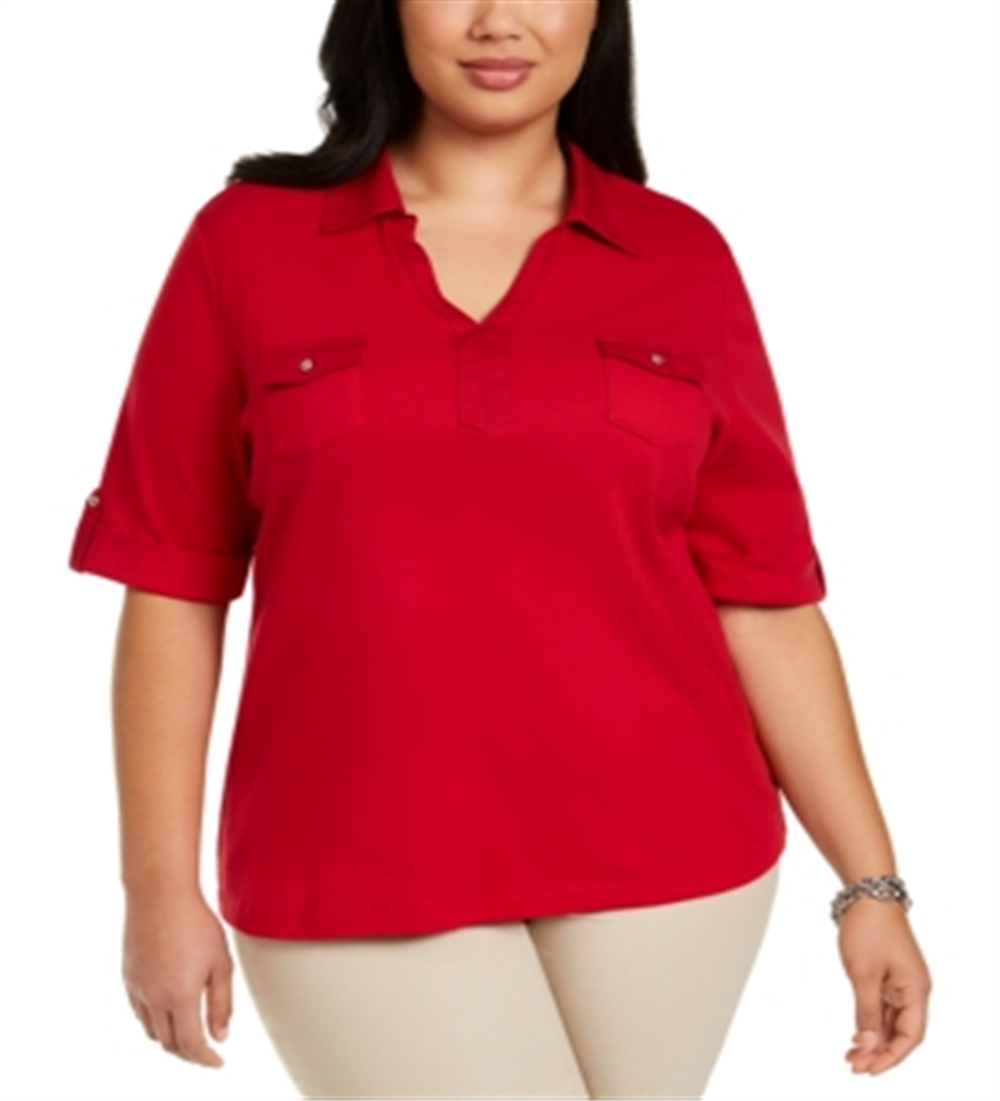 Karen Scott Blusa Feminina Plus Size de Algodão com Gola Vermelha Tamanho 4X