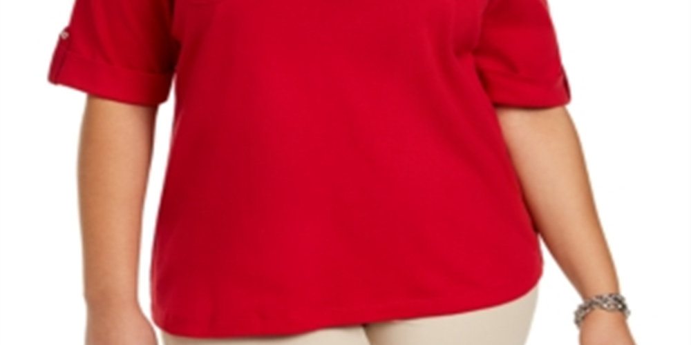 Karen Scott Blusa Feminina Plus Size de Algodão com Gola Vermelha Tamanho 4X