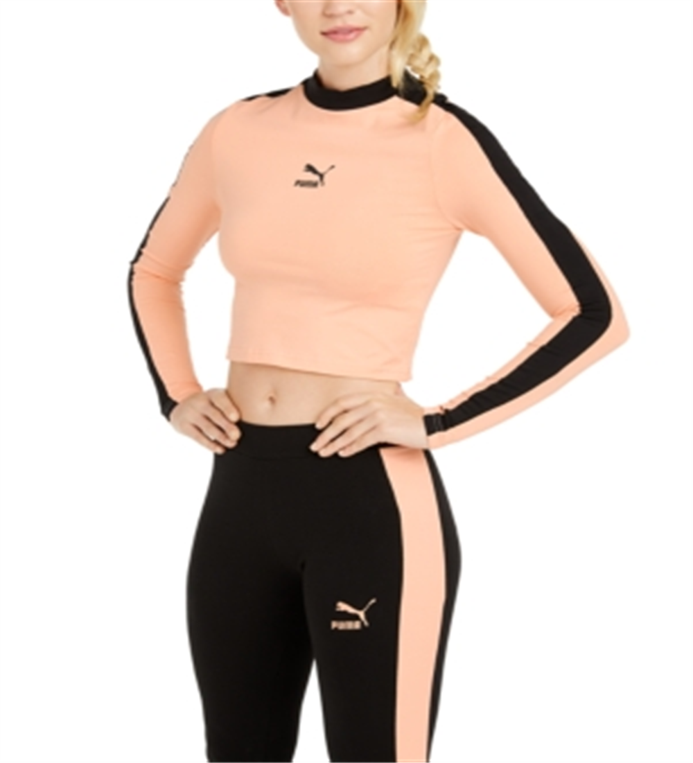 Camiseta feminina Puma Parfait Side Stripe Logo Cropped Manga Longa Laranja Tamanho X-G