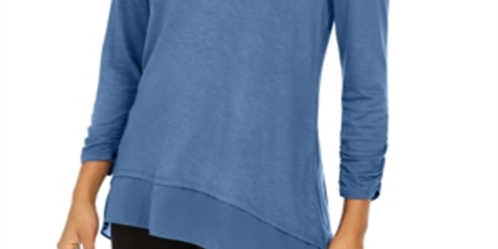 Blusa feminina estilo &amp; co, decote em V, chiffon, bainha, azul, tamanho P