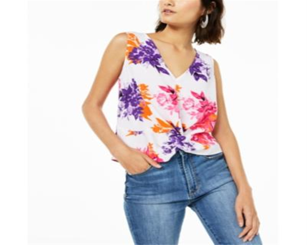 Blusa feminina Bar III com decote em V sem mangas e estampa floral frontal torcida, tamanho XXS, branca