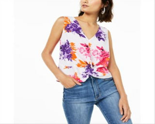 Blusa feminina Bar III com decote em V sem mangas e estampa floral frontal torcida, tamanho XXS, branca