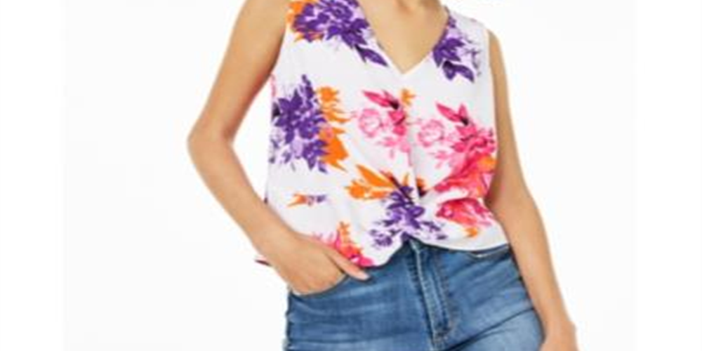 Blusa feminina Bar III com decote em V sem mangas e estampa floral frontal torcida, tamanho XXS, branca