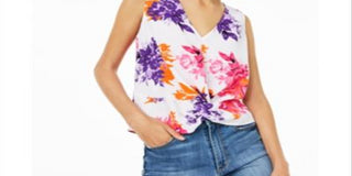 Blusa feminina Bar III com decote em V sem mangas e estampa floral frontal torcida, tamanho XXS, branca