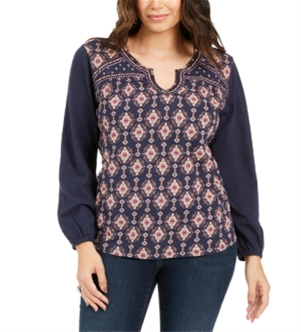Blusa estilo camponesa com decote aberto para mulheres, azul, tamanho P