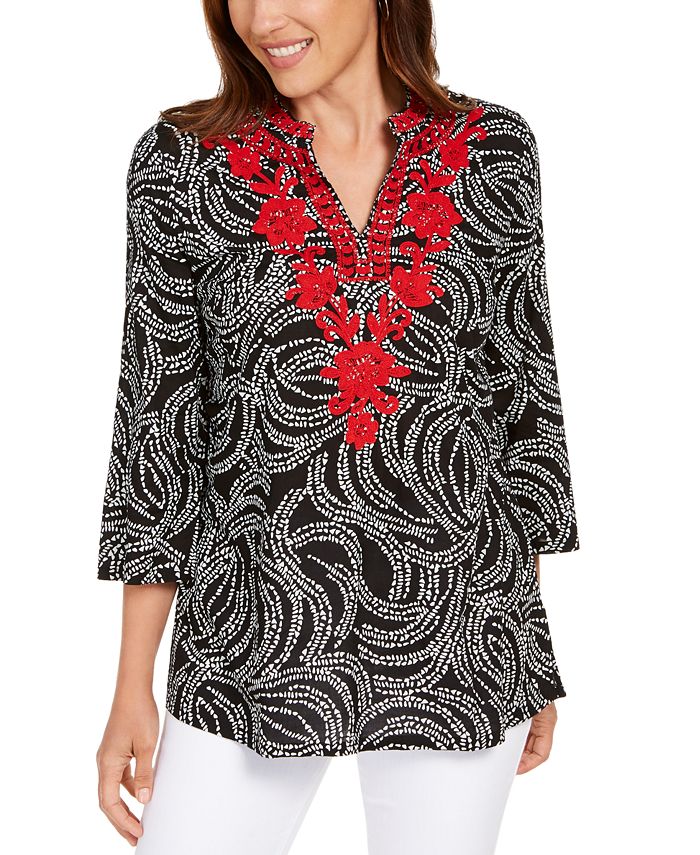 Blusa bordada feminina Charter Club, preta, tamanho pequeno pequeno