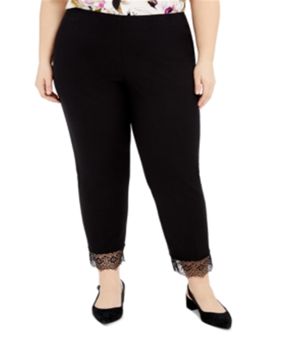 Calça Alfani Plus Size Feminina com Barra de Renda e Detalhe de Renda, Preta, Tamanho 18W