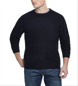 Suéter listrado masculino vintage à prova de intempéries com gola redonda, preto, tamanho médio
