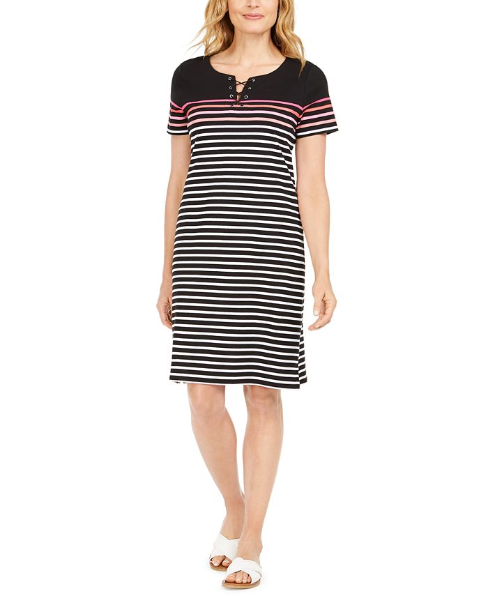 Vestido listrado de algodão Mirage feminino Karen Scott com cadarço, preto, tamanho X-S