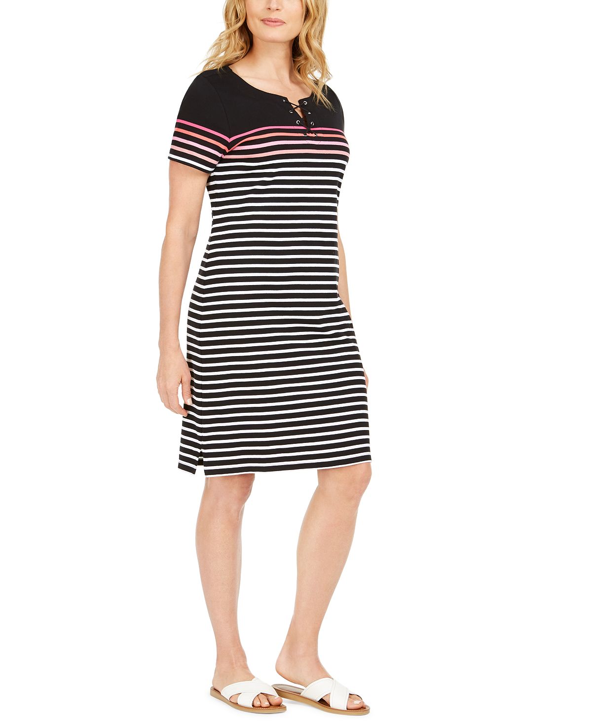 Vestido listrado de algodão Mirage feminino Karen Scott com cadarço, preto, tamanho X-S