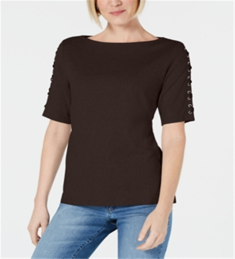 Karen Scott Blusa feminina de algodão com mangas e cadarço, marrom, tamanho pequeno