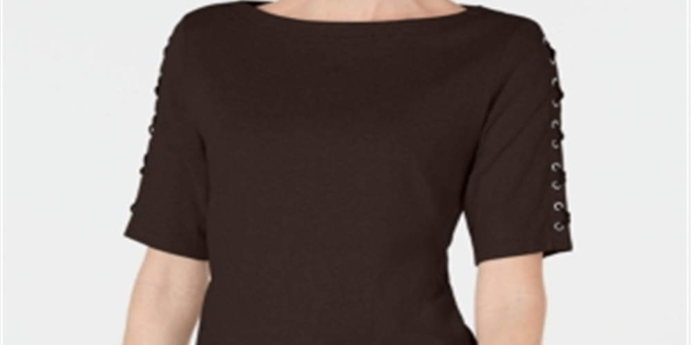 Karen Scott Blusa feminina de algodão com mangas e cadarço, marrom, tamanho pequeno