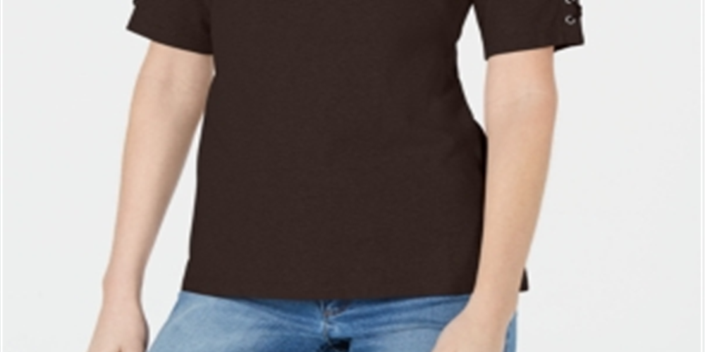Karen Scott Blusa feminina de algodão com mangas e cadarço, marrom, tamanho pequeno