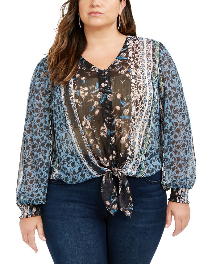 INC Plus Size Estampado Frente Amarrada Retro Flor Preto Tamanho 0X