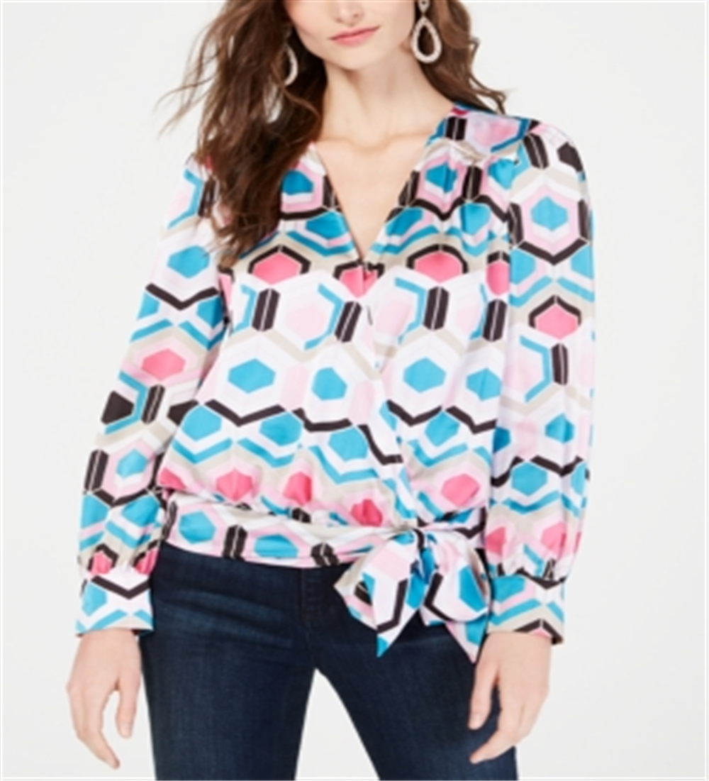 Blusa feminina Petite com estampa sintética e transpassada da Inc International Concepts - Azul favo de mel, tamanho Petite Médio