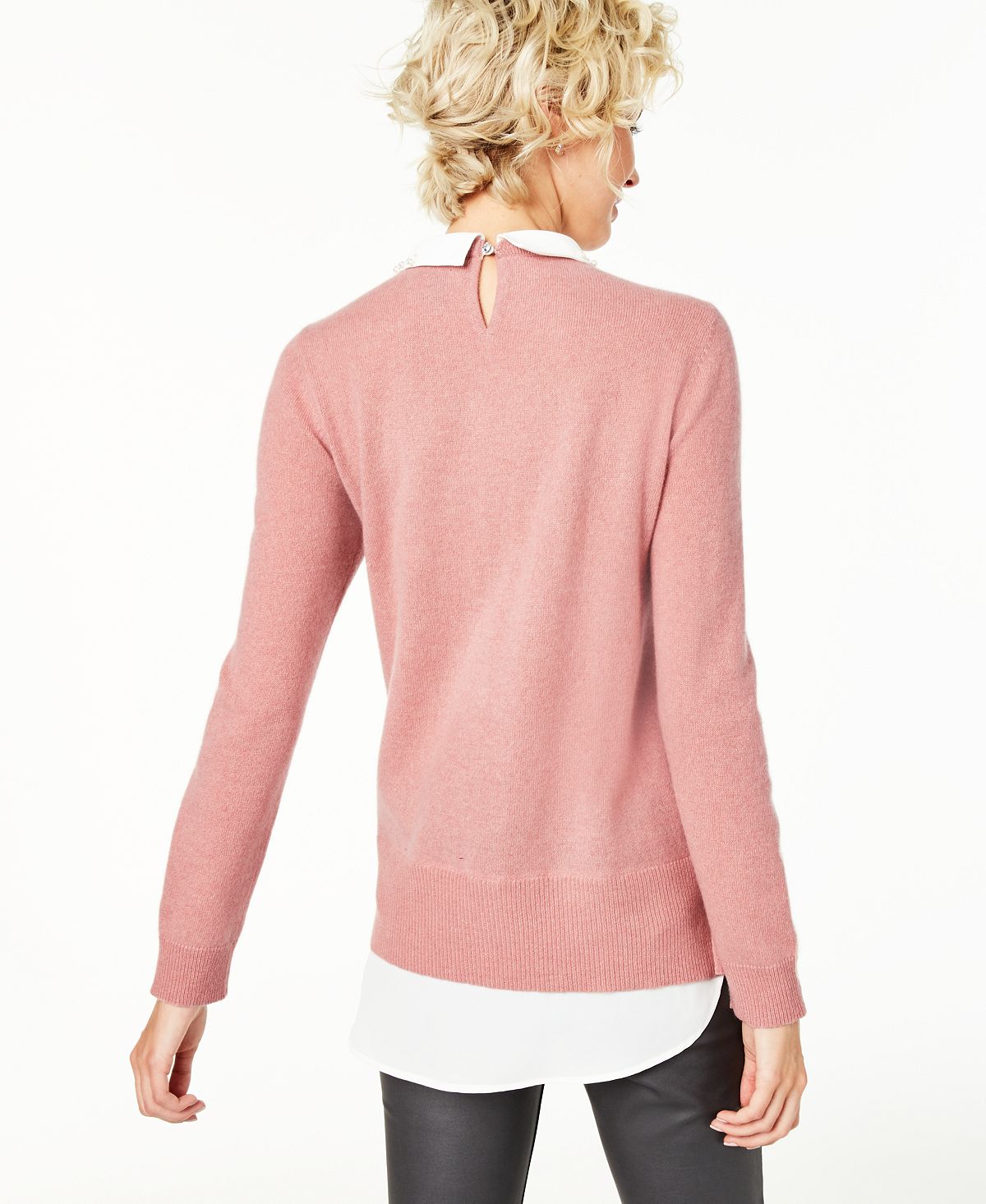 Suéter feminino Charter Club de cashmere com detalhes em camadas, rosa, tamanho pequeno P/M