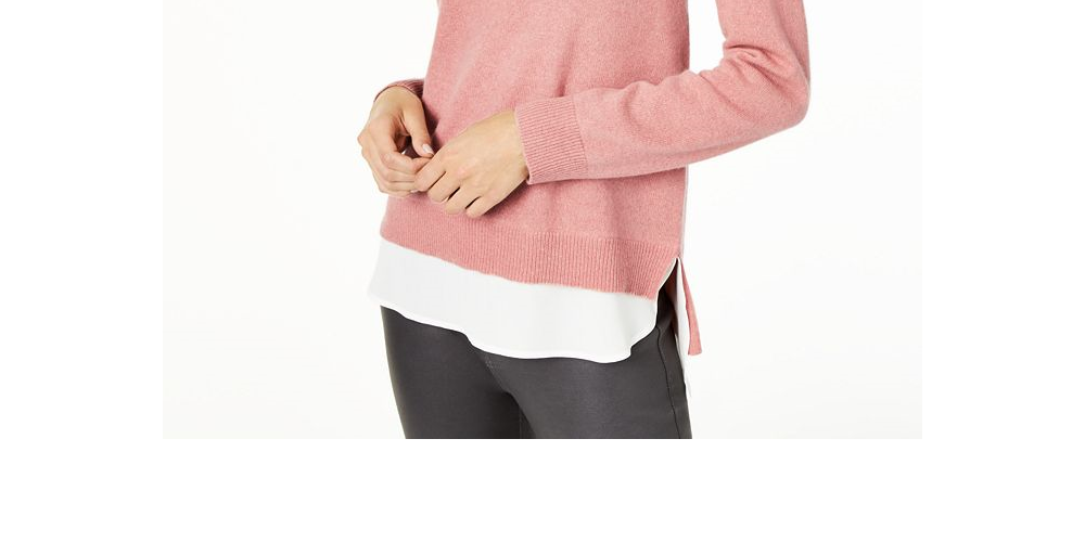 Suéter feminino Charter Club de cashmere com detalhes em camadas, rosa, tamanho pequeno P/M