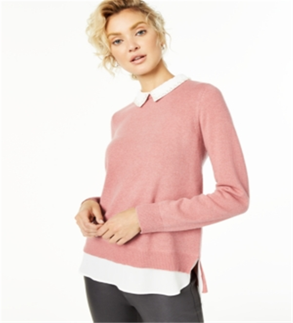 Suéter feminino Charter Club de cashmere com detalhes em camadas, rosa, tamanho pequeno P/M